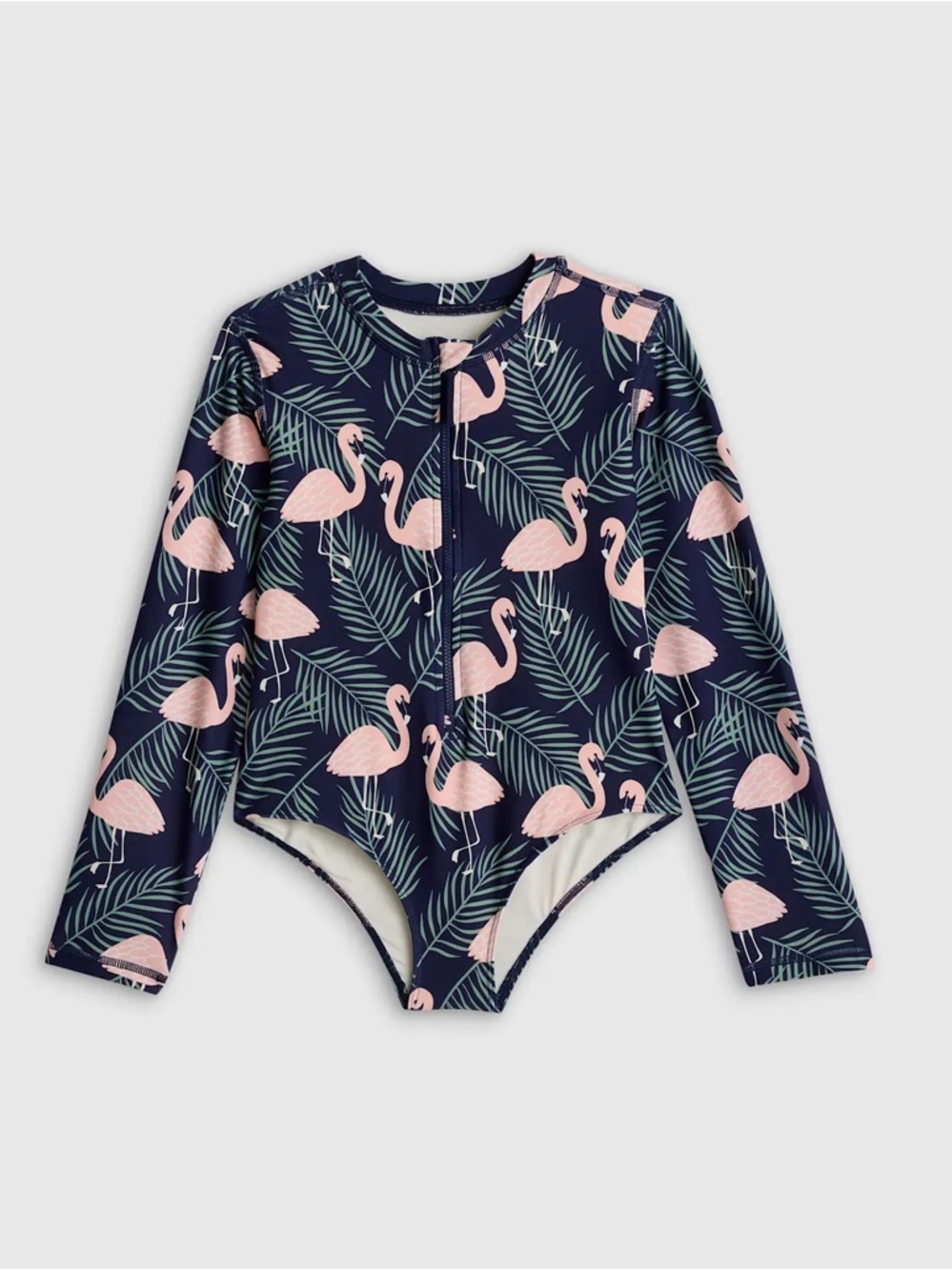 NWT QUINCE Long Sleeve Zip-Up Swimsuit Flamingo Kid Girl Size 10 7189